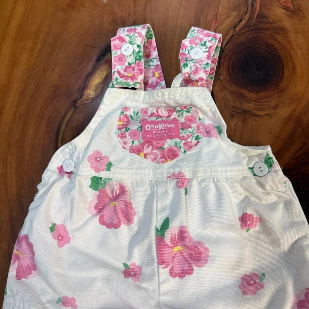 Vintage Oshkosh Overalls Denim 12M Cotton USA Floral Short Shortalls Bubble N24
